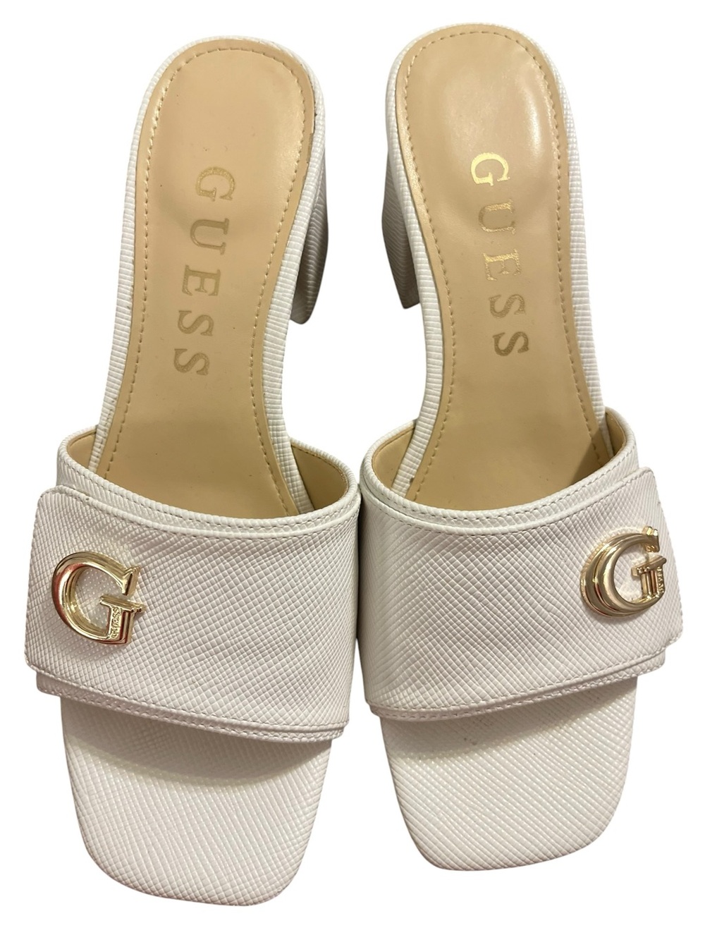 GUESS White Logo Mule Heels 7.5M Coastal Quiet Luxury Y2K Slide Sandals